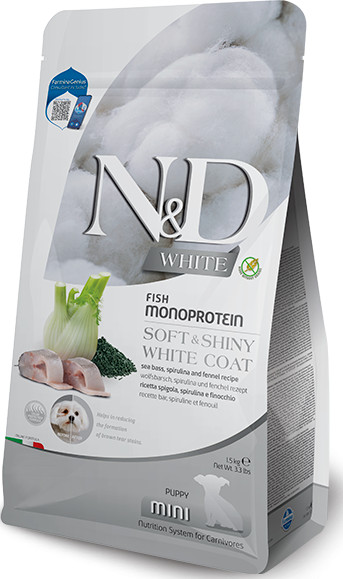 N&d white dog sea bass, spirulina & fennel puppy mini | Farmina Pet Foods