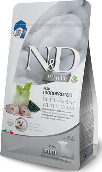 N&d white dog sea bass, spirulina & fennel puppy mini