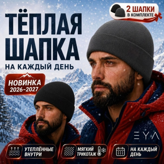 Комплект мужских шапок 2 шт. размер универсальный, черный, темно-серый