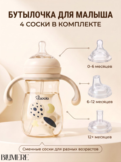 Поильник непроливайка с четырьмя насадками детский 240 мл