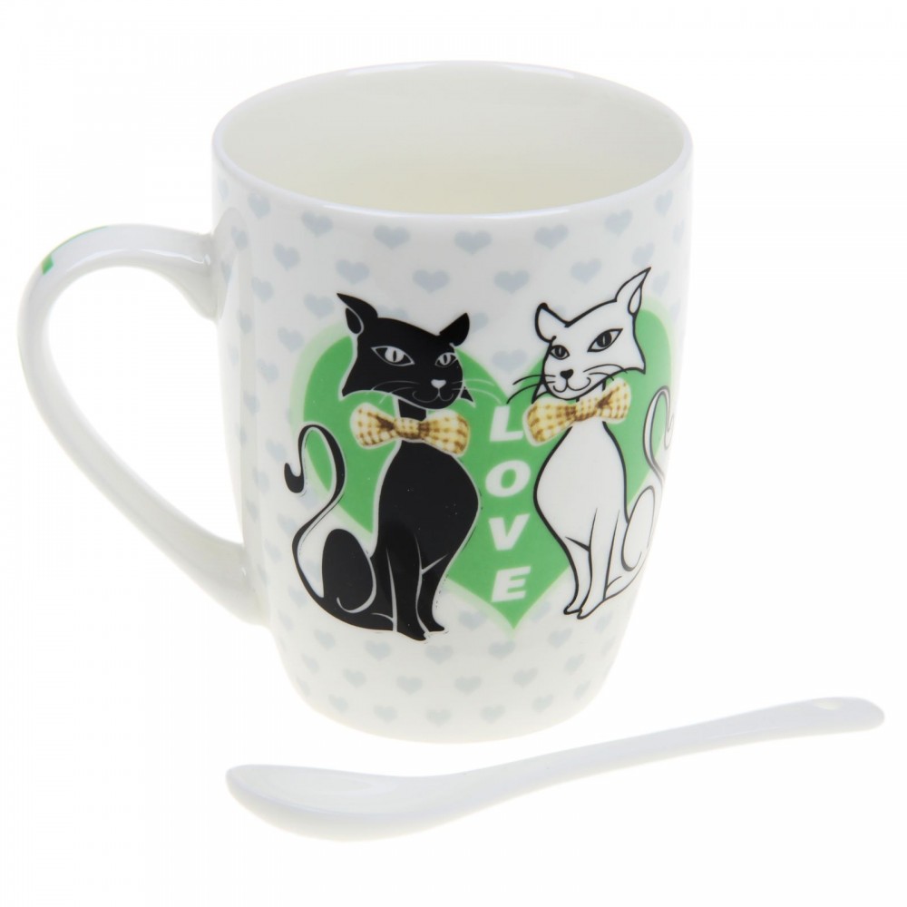 Кружка с ложкой 300 мл «Кошки в сердце», цвет в ассортименте | Кружки из керамики «Коты» | Доляна