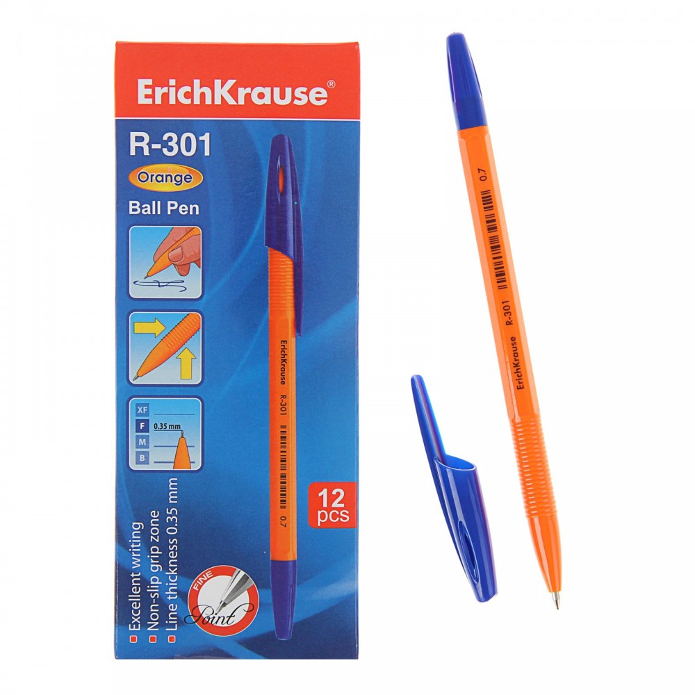 Ручка шариковая Erich Krause «R-301 Orange», оранжевый корпус, синий стержень, узел 0.7мм | Erich Krause