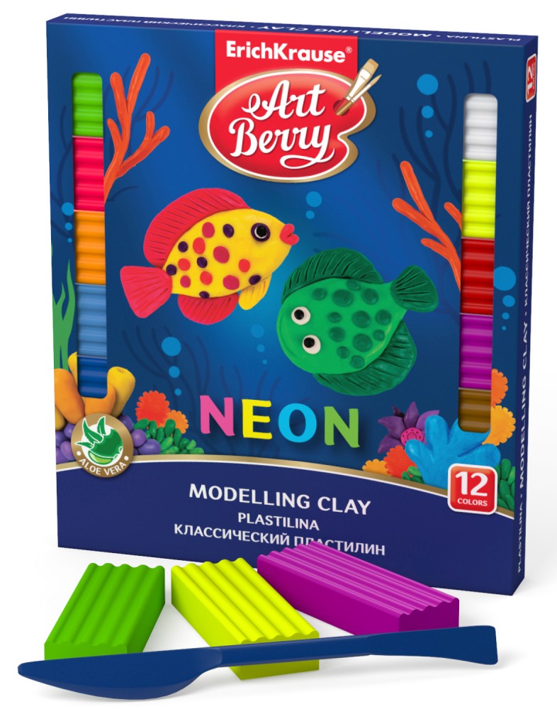 Классический пластилин «Artberry Неон» с Алоэ Вера, 12 цветов/216г со стеком | Artberry | Erich Krause