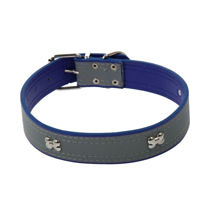 Ошейник широкий со светоотражающей полосой и косточками, 66х3,5 см, синий | Пижон
