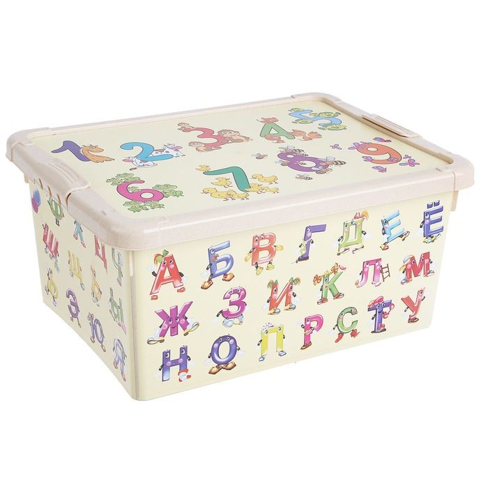Ящик для игрушек с аппликацией «Буквы и цифры» с крышкой, 8 л, цвет бежевый | Пластишка