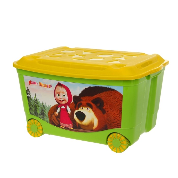Ящик для игрушек с аппликацией «Маша и Медведь» на колёсиках, с крышкой, цвет зелёный | Пластишка