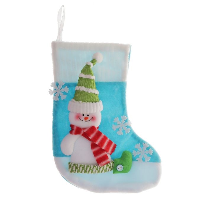 Носок для подарка «Снеговик со снежинками» (бело-голубой)