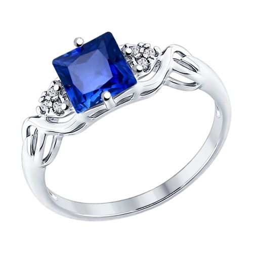 Кольцо из серебра с бесцветными и синим фианитами | SOKOLOV