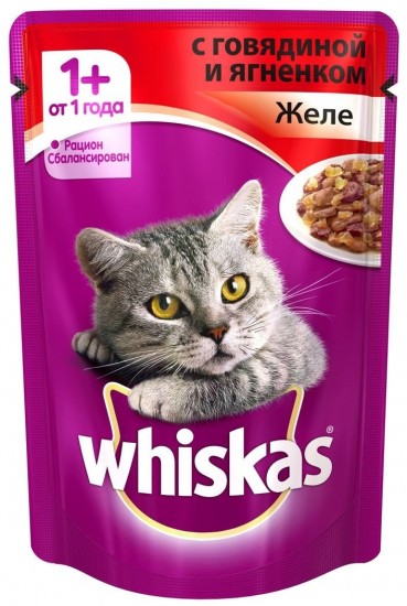 Корм для кошек желе с говядиной и ягненком «Whiskas» (85 гр)
