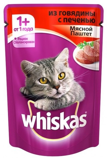 Корм для кошек паштет из говядины с печенью «Whiskas» (85 гр)