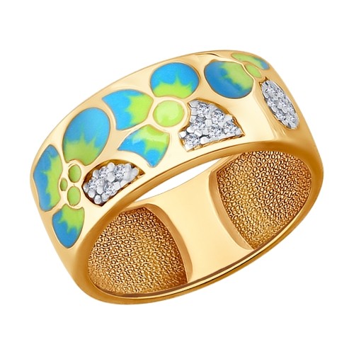 Кольцо из золоченого серебра с эмалью и фианитами | SOKOLOV