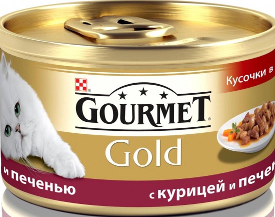 Корм для кошек Gourmet Gold «Кусочки в подливке», с курицей и печенью (85 г)