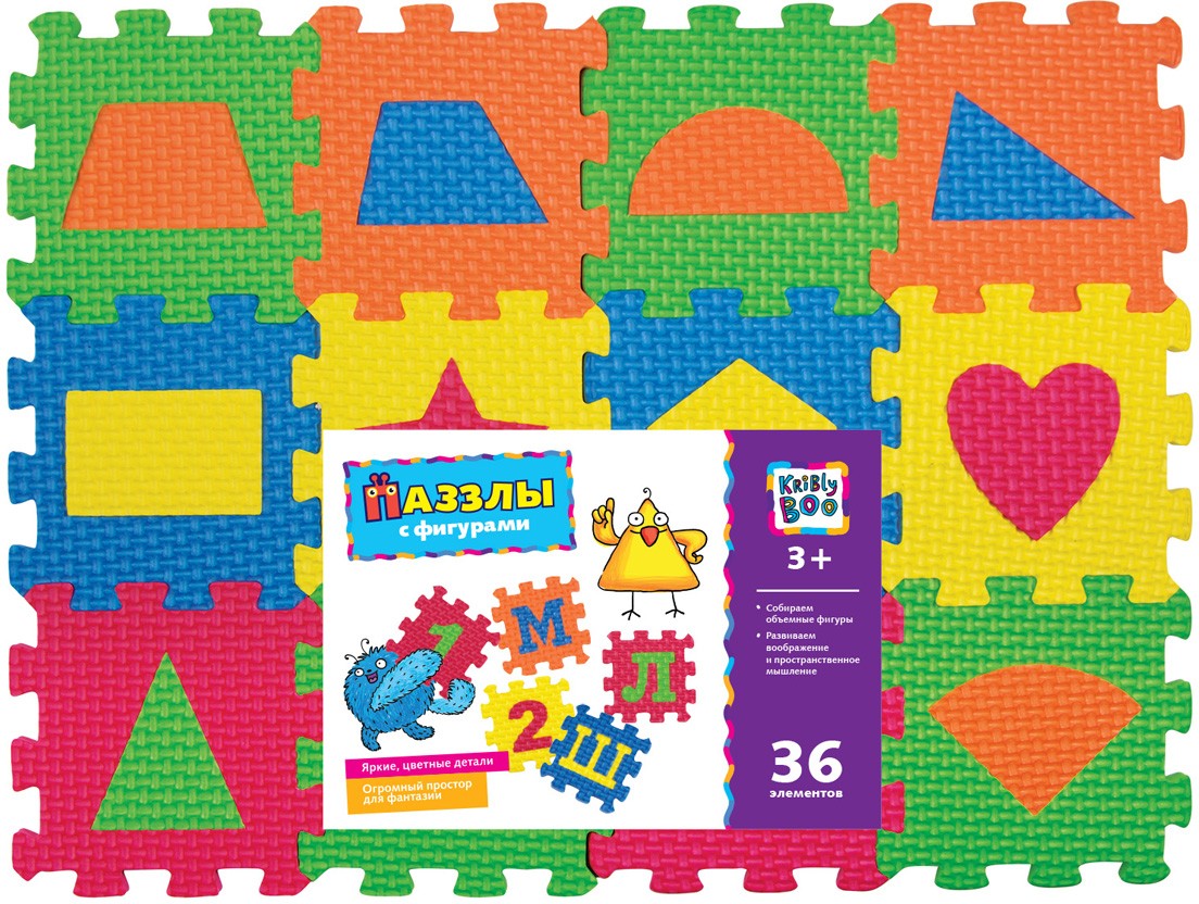 Пазлы с фигурами (36 элементов) | Мягкие пазлы с буквами цифрами и фигурами | Kribly Boo