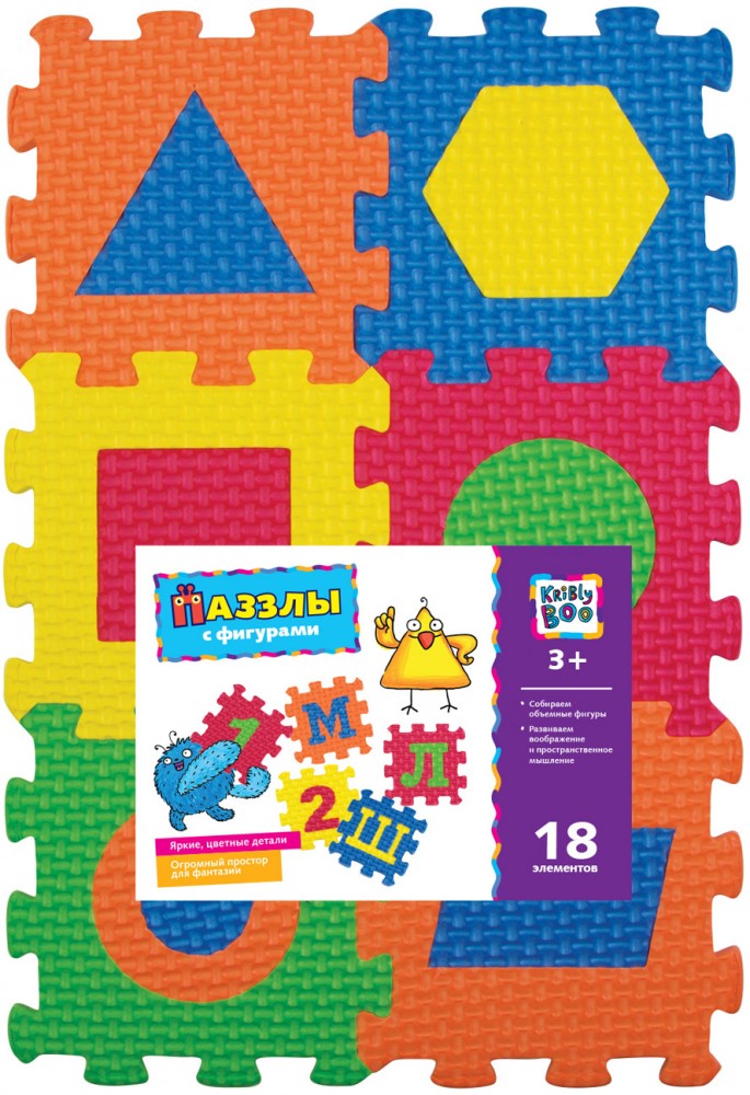 Пазлы с фигурами (18 элементов) | Мягкие пазлы с буквами цифрами и фигурами | Kribly Boo