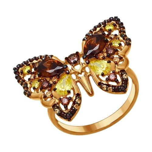 Кольцо из золочёного серебра с жёлтыми и коричневыми фианитами | SOKOLOV
