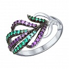 Кольцо из серебра с сиреневыми и зелеными фианитами