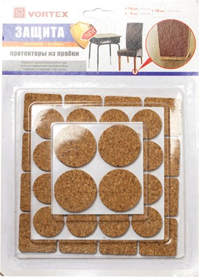 Протекторы износостойкие из пробки, d-20 мм (16шт), d-28 мм (4шт), 25х25мм (16шт) | VORTEX