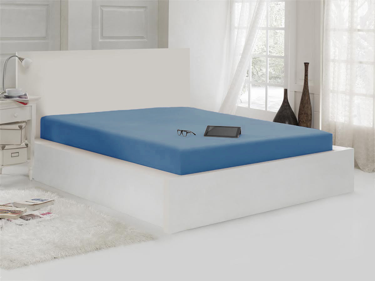 Простыня трикотажная на резинке (2-спальная, хлопок, 160x200+30 см), цвет голубой | Karna | Karna