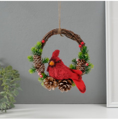 Фигурка-подвеска «Красная птичка на венке с шишками» - Фото 1