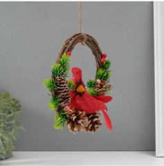 Фигурка-подвеска «Красная птичка на венке с шишками» - Фото 3