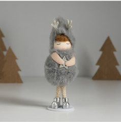 Кукла интерьерная текстильная «Малышка в серой мохнатой шубке в шапке с рожками» - Фото 1