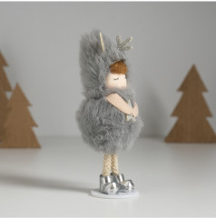 Кукла интерьерная текстильная «Малышка в серой мохнатой шубке в шапке с рожками» - Фото 3