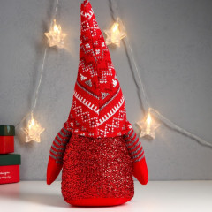 Кукла интерьерная текстильная «Дед Мороз светящийся нос, в красном колпаке с узорами» - Фото 4