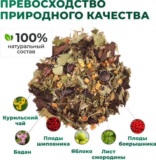 Травяной чай в пакетиках с яблоком, шиповником, баданом, листом смородины, курильским чаем, боярышником