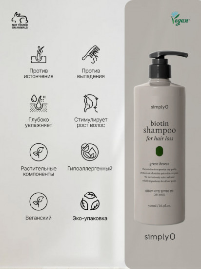Гипоаллергенный шампунь от выпадения волос SimplyO Biotin Shampoo for Hair Loss «Green Breeze»