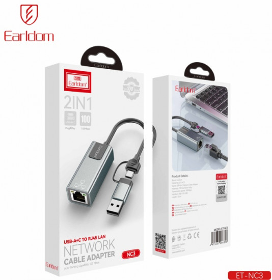 Сетевой адаптер Earldom NC3 RJ45 на USB+Type-C 100Mbps