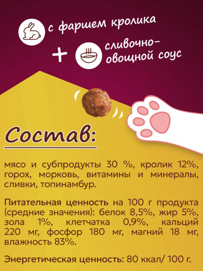Консервы для кошек «Фрикадельки с фаршем кролика в сливочно-овощном соусе»