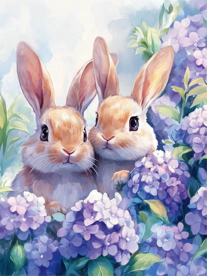 Алмазная мозаика «Зайчики в гортензиях»