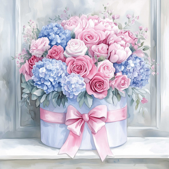 Алмазная мозаика «Букет с розовым бантом»