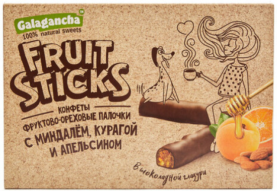 Конфеты с курагой, миндалём и цукатами апельсина в шоколаде «FruitSticks»