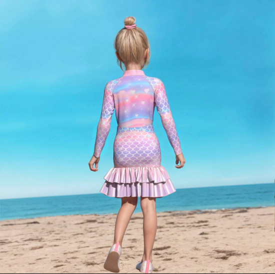 Детский цельный солнцезащитный купальник для девочек с длинными рукавами и с разрезным хвостом русалки