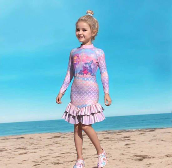 Детский цельный солнцезащитный купальник для девочек с длинными рукавами и с разрезным хвостом русалки