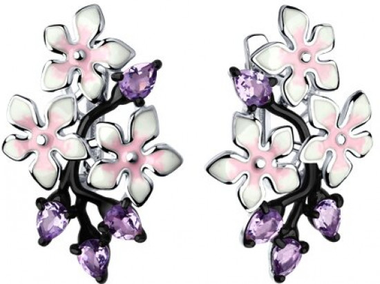 Серьги из серебра с эмалью с аметистами
