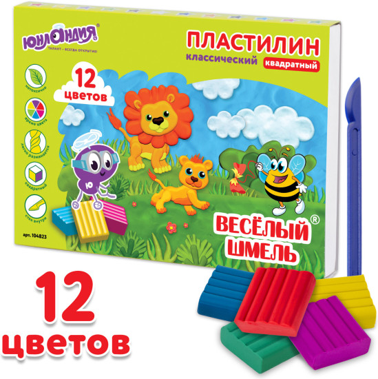 Пластилин классический Юнландия «Весёлый шмель», 12 цветов, 204 г, Со стеком, Квадратный, 104823