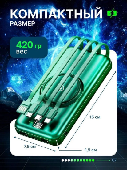 Внешний аккумулятор 30000 mAh с беспроводной зарядкой и 4 встроенными кабелями