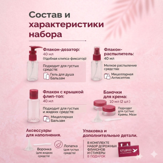 Набор дорожных флаконов для путешествий, роддома и спорта, 7 предметов, наклейки и косметичка в комплекте.