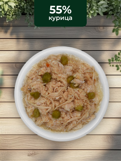 Корм консервированный полнорационный для кошек с курицей и зеленым горошком в бульоне «Chicken and Green Peas»