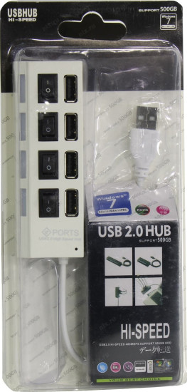 USB 2.0 хаб с выключателями, 4 порта, Суперэконом, белый