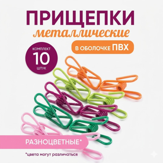 Прищепки металлические цветные бельевые в ПВХ оболочке, 10 шт.