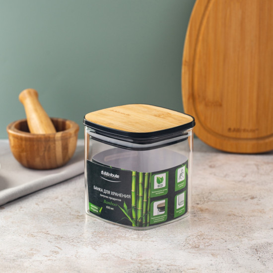 Банка из боросиликатного стекла для хранения сыпучих продуктов квадратная Bamboo
