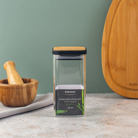 Банка из боросиликатного стекла для хранения сыпучих продуктов квадратная Bamboo