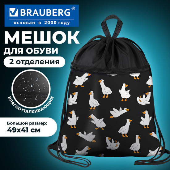 Мешок для обуви Большой, с ручкой, карман на молнии, 49×41 см, «Безумные гуси», 274638