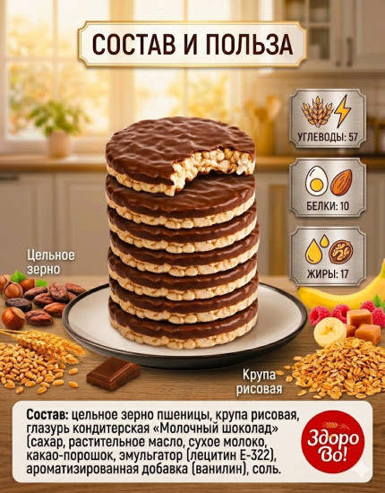 Цельнозерновые хлебцы ЗдороВо! в глазури «Молочный шоколад» 2шт