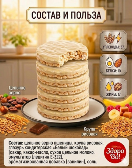 Цельнозерновые хлебцы ЗдороВо! в глазури «Белый шоколад» 2 шт