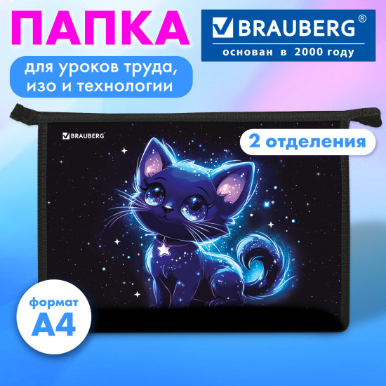 Папка для труда на молнии А4, 2 отделения, органайзер, «Сияющий котик», 274531