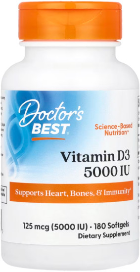 Doctor’s Best, витамин D3, 125 мкг (5 000 МЕ), 180 капсул